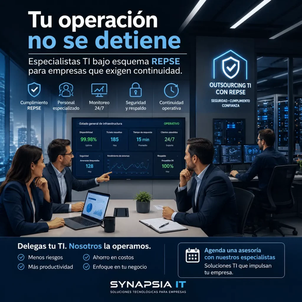 Outsourcing TI con REPSE para empresas en Querétaro y México, soporte técnico empresarial y continuidad operativa con Synapsia IT