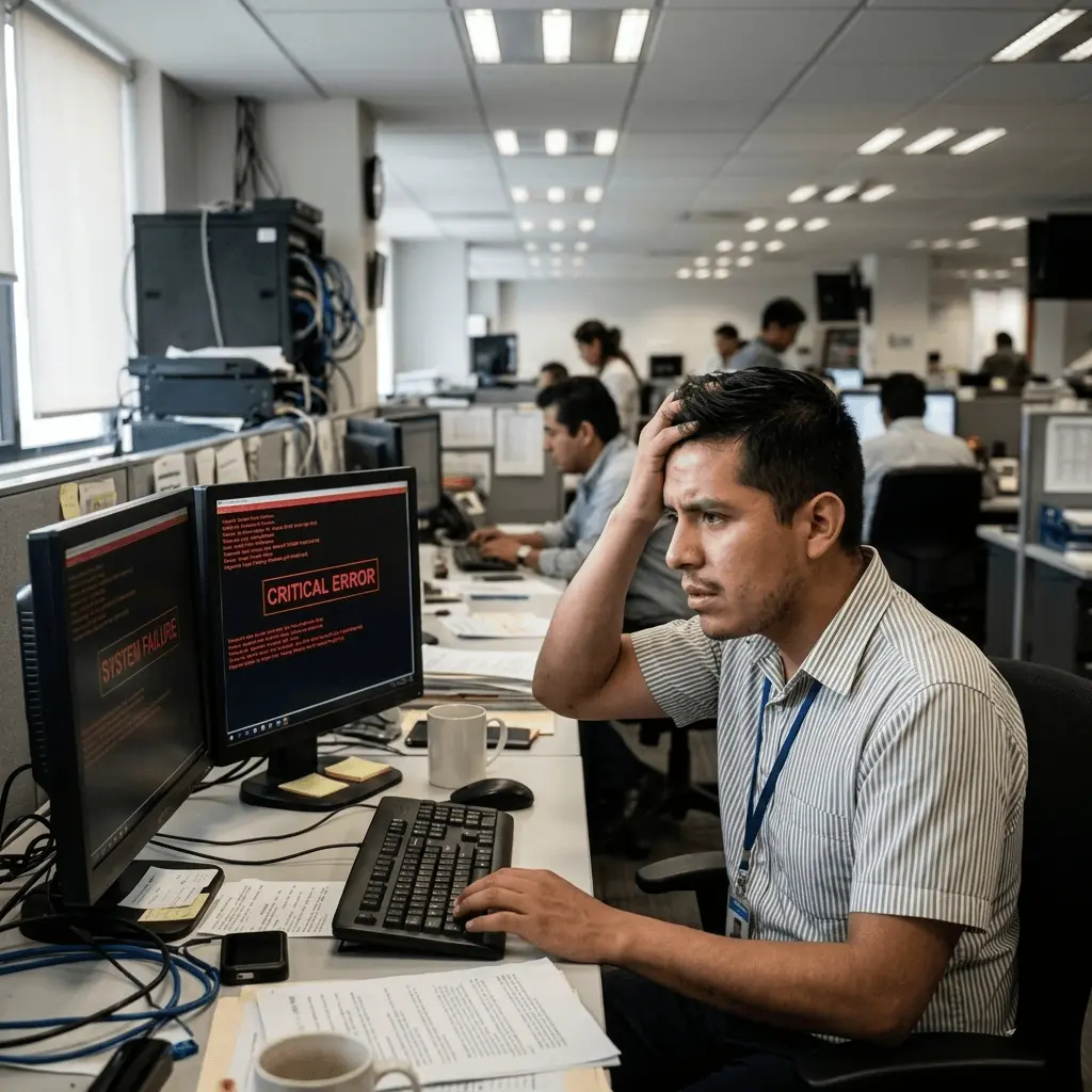Problemas en infraestructura tecnológica empresarial con sistemas fallando y soporte TI requerido